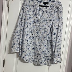 Lane Bryant White and Blue Patterned Button Down Shirt